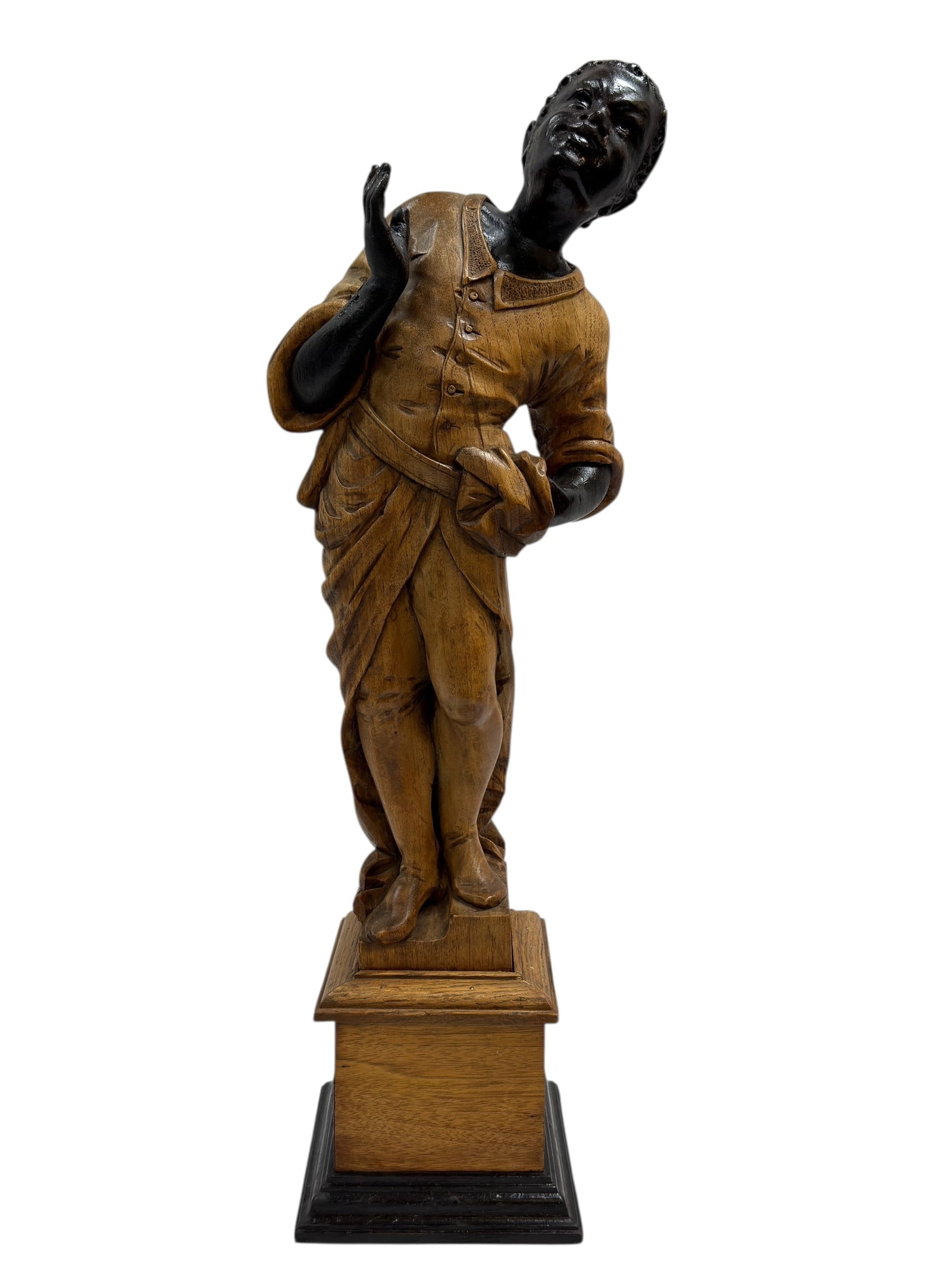 Egyptian Moorish Style Resin Blackamoor Sculpture: Egyptian Moorish Style Resin Blackamoor Sculpture on Wood Base. Measures 24.5" Tall. Has some scuffs and scratches.
