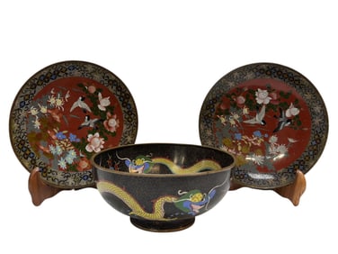 Late 19th C. Cloisonne Bowl & 2 Cloisonne Chargers