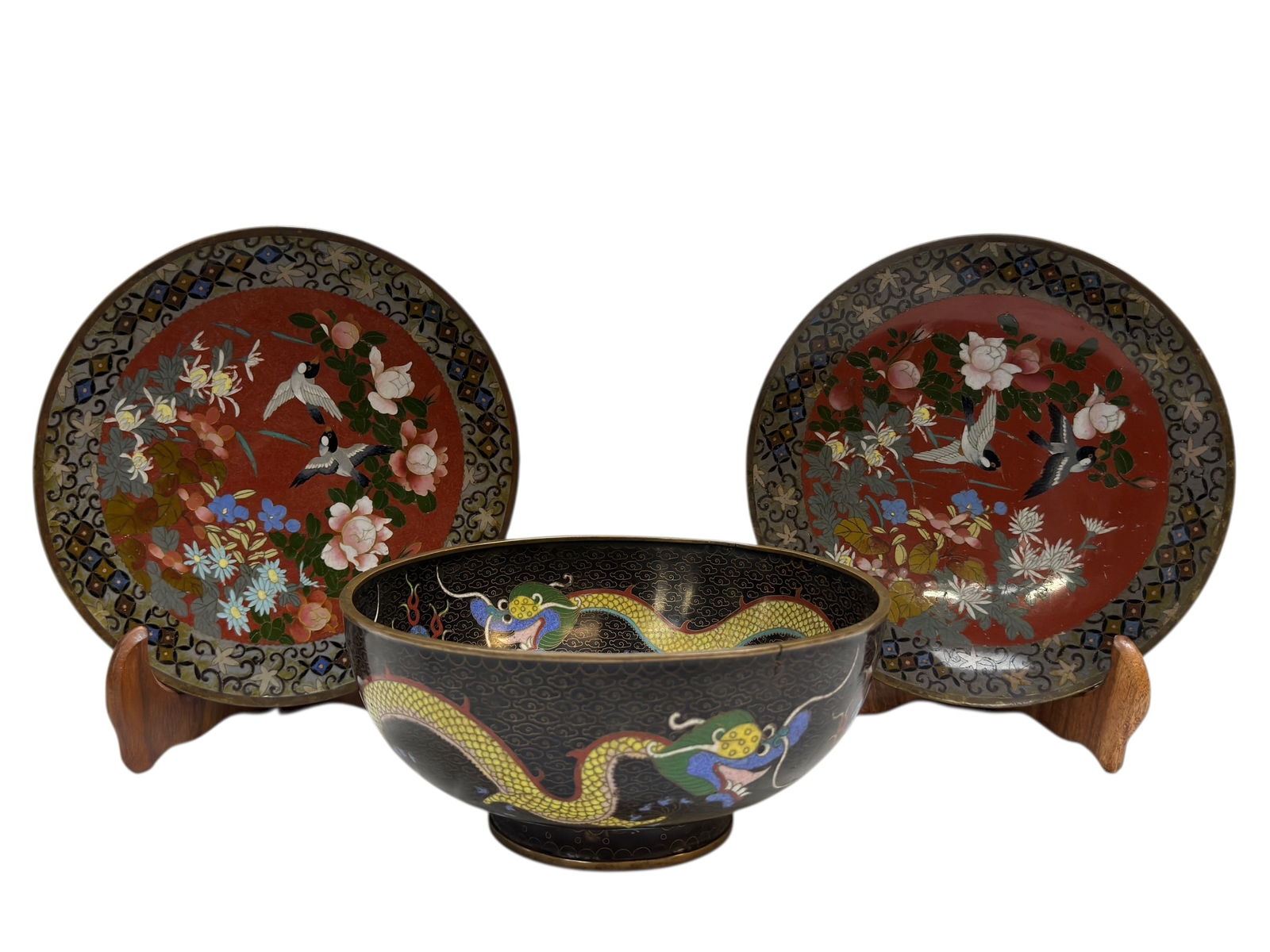 Late 19th C. Cloisonne Bowl & 2 Cloisonne Chargers (1 of 19)