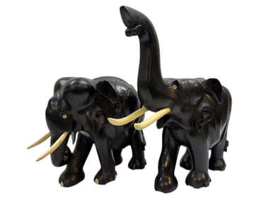 (2) Carved Ebony Wood Elephants