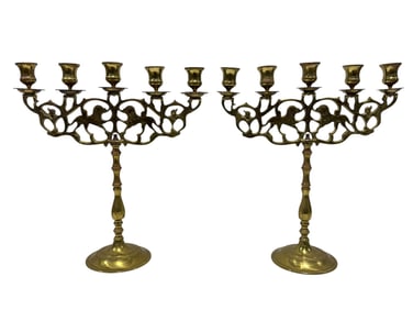 Pair of Brass "Lions of Judah" Motif Candelabras