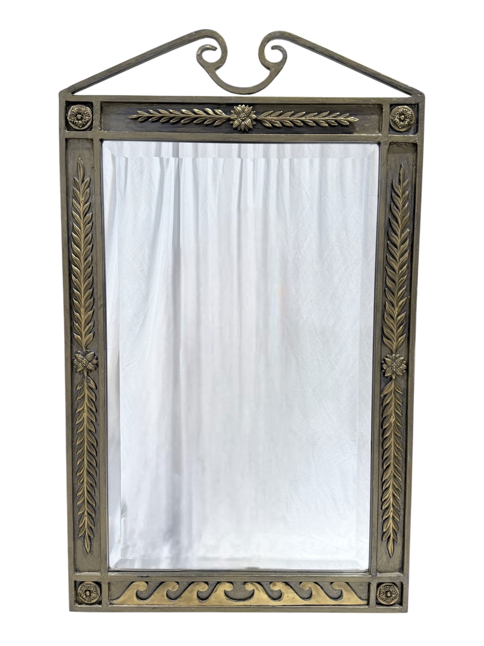 Fine LaBarge Iron & Bronze Wall Mirror: Fine LaBarge Iron & Bronze Wall Mirror. Label on the backside. Iron frame with mounted bronze leaf and medallions. Measures 41.5" x 25.25". In good condition.