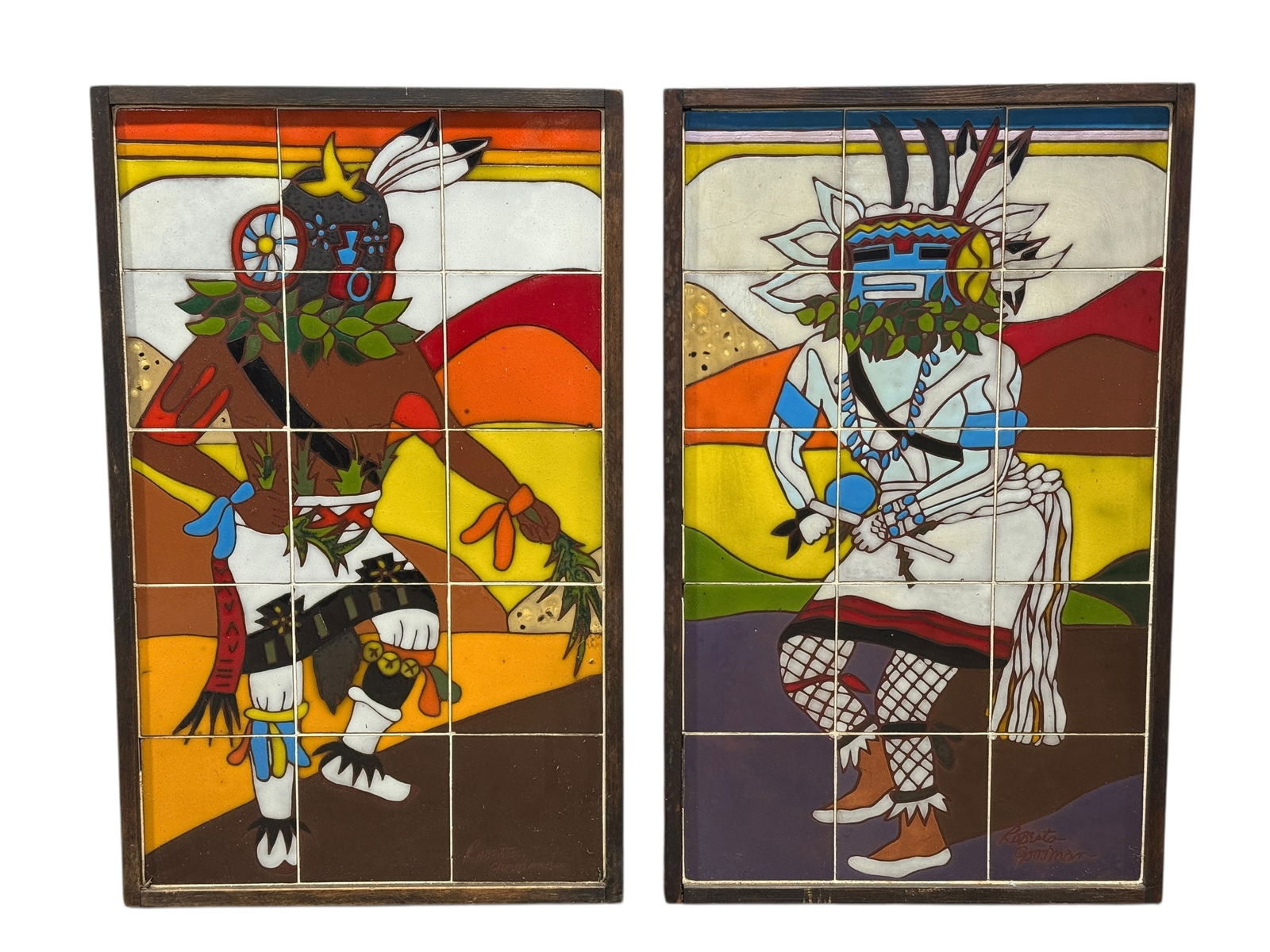 (2) Signed Robert Goodman Kachina Art Tile Paintings, Framed (1 of 10)
