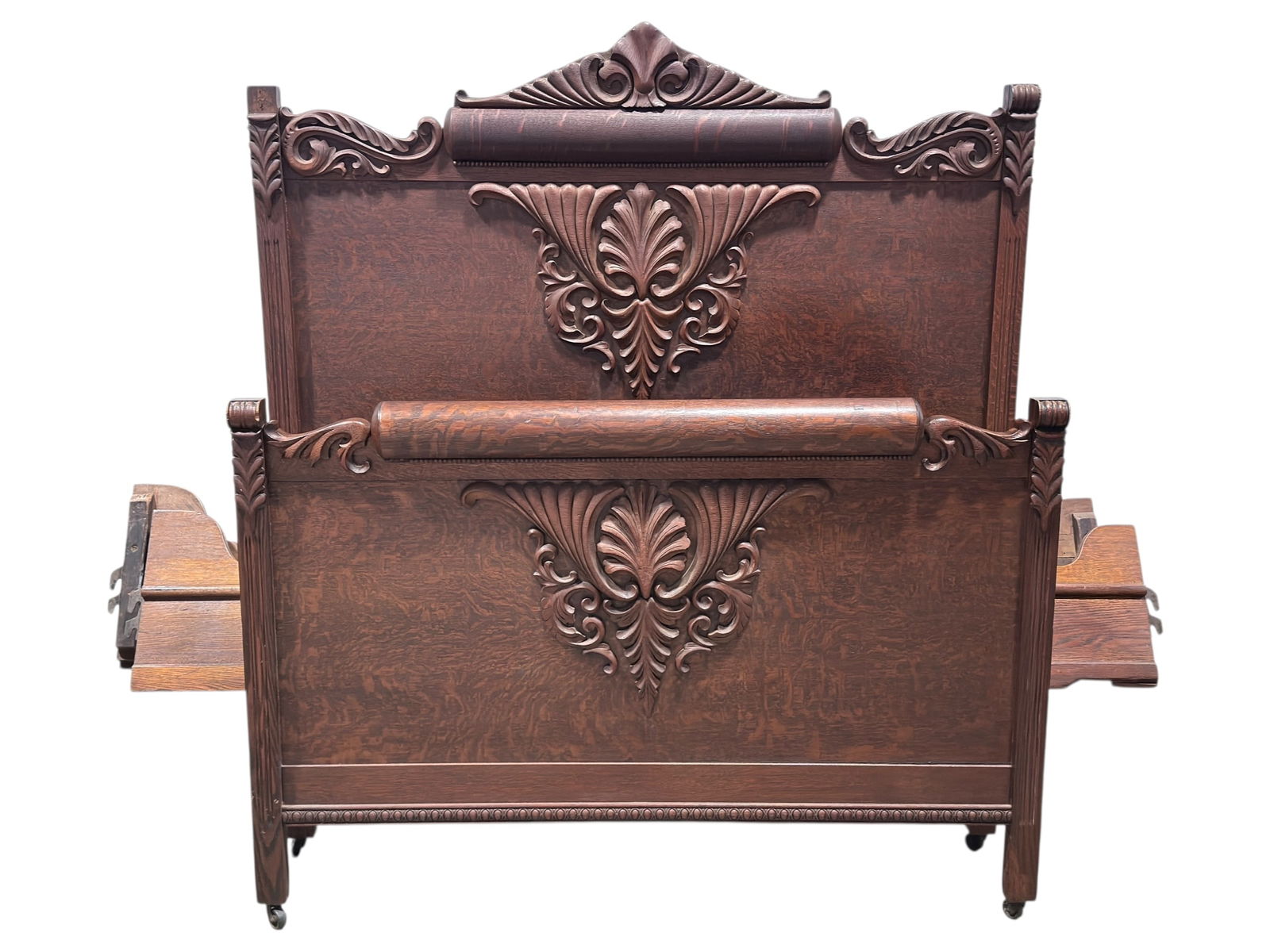 Antique Carved Oak Full Size Bed Frame: Antique Carved Oak Full Size Bed Frame. Headboard measures 65" H x 57" W. Footboard measures 39" H x 57" W. Ha some scuffs, scratches and small chips.