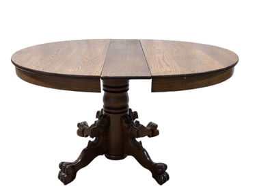Antique Oak Lion Head Pedestal & Claw Feet Table w/ 1 Leaf