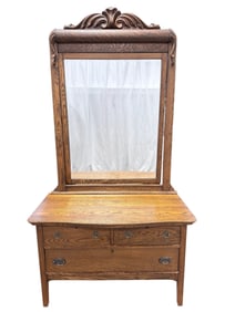 Antique 3 Drawer Oak Chest w/ Carved Mirror