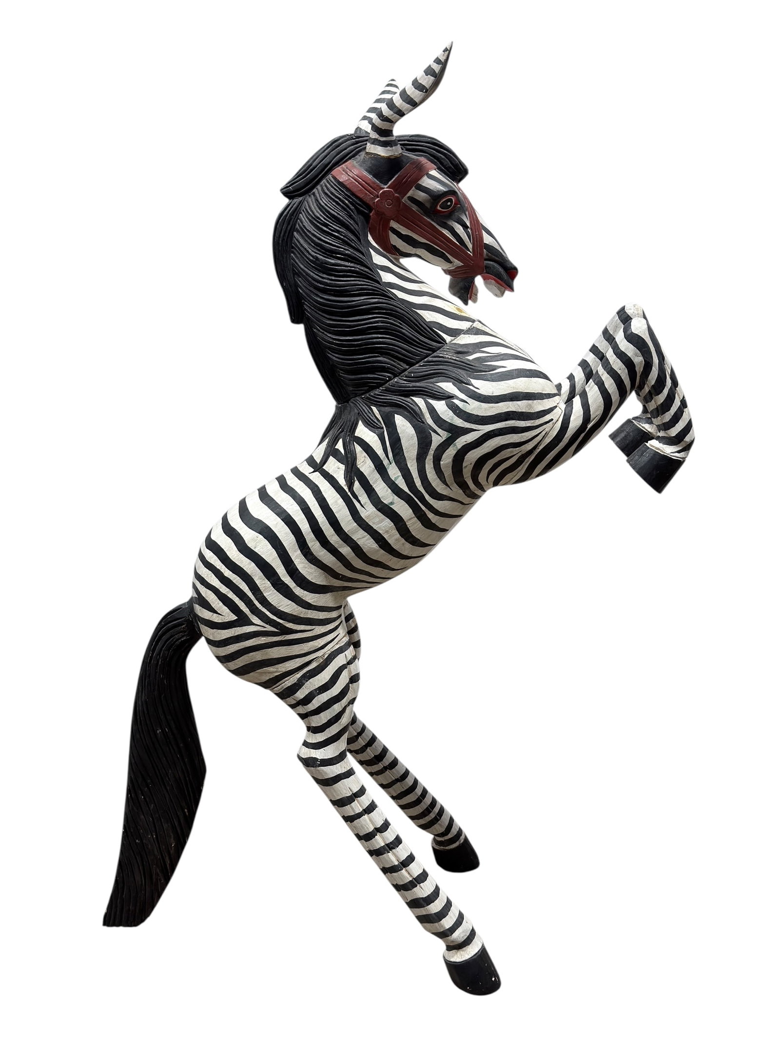 Hand Painted Wood Carved Zebra Statue: Hand Painted Wood Carved Zebra Statue. Measures 52" Tall. Has scuffs , scratches and seems to have some repaired spots.