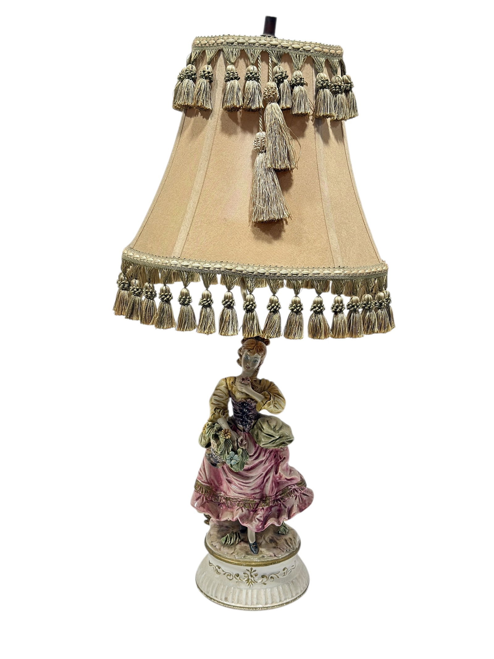 Capodimonte Style Porcelain Figural Lamp: Capodimonte Style Porcelain Figural Lamp. Measures 31.5" Tall. Is working. Lamp base has some scuffs, scratches and small chips on some flowers. Shade needs some cleaning.