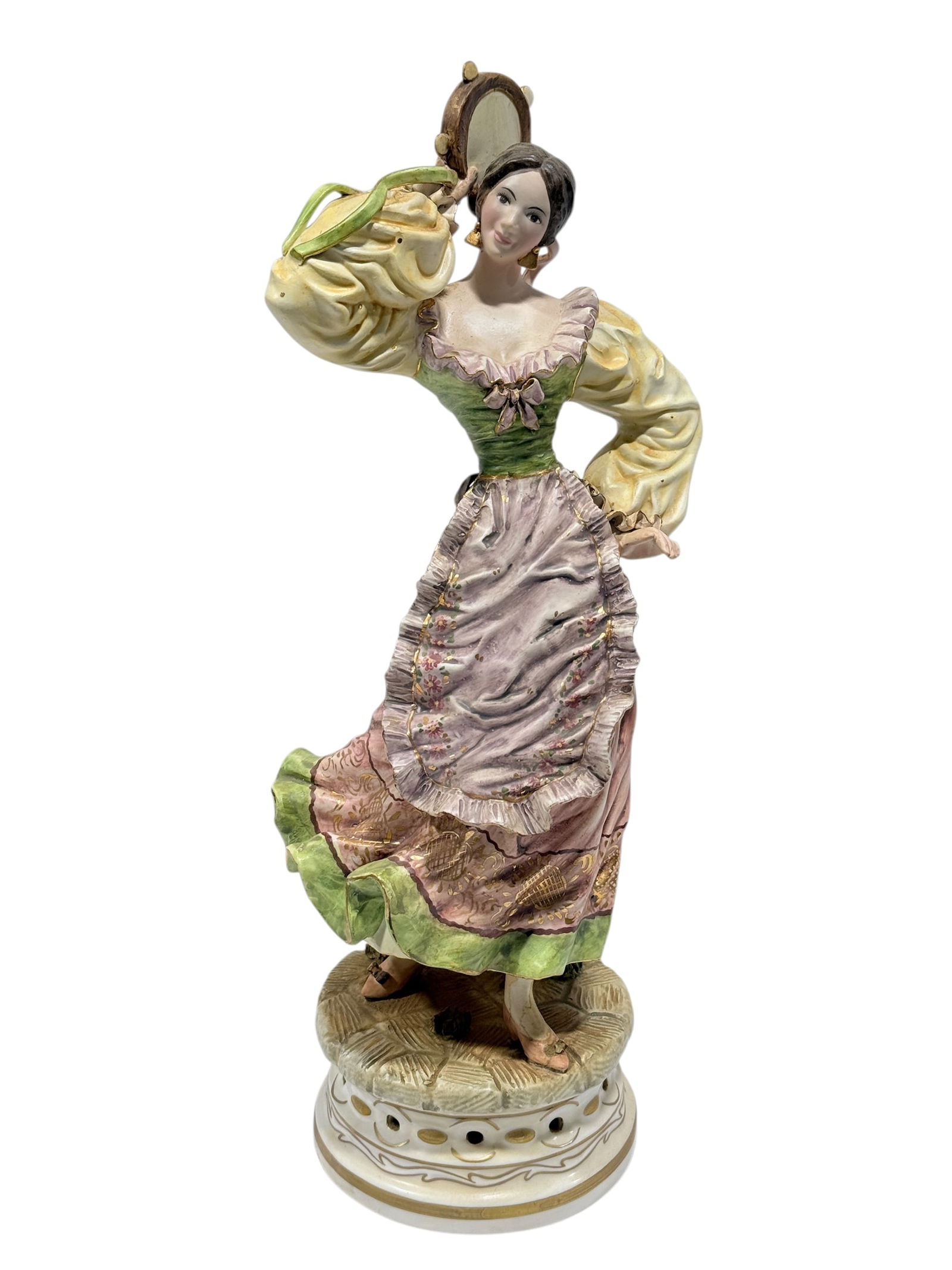 Italian Capodimonte Style Porcelain Figurine: Italian Capodimonte Style Porcelain Figurine. Marked Made in Italy 318 B on the underside. Measures 17.5" Tall. Has a few chips on bottom edge.
