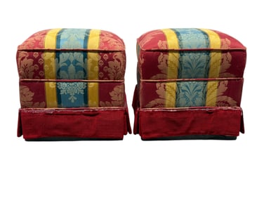 (2) Square Upholstered Striped Damask Ottomans