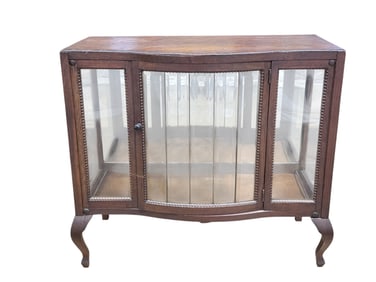 Antique Oak Art Nouveau Bow Front Vitrine w/ Mirror Back
