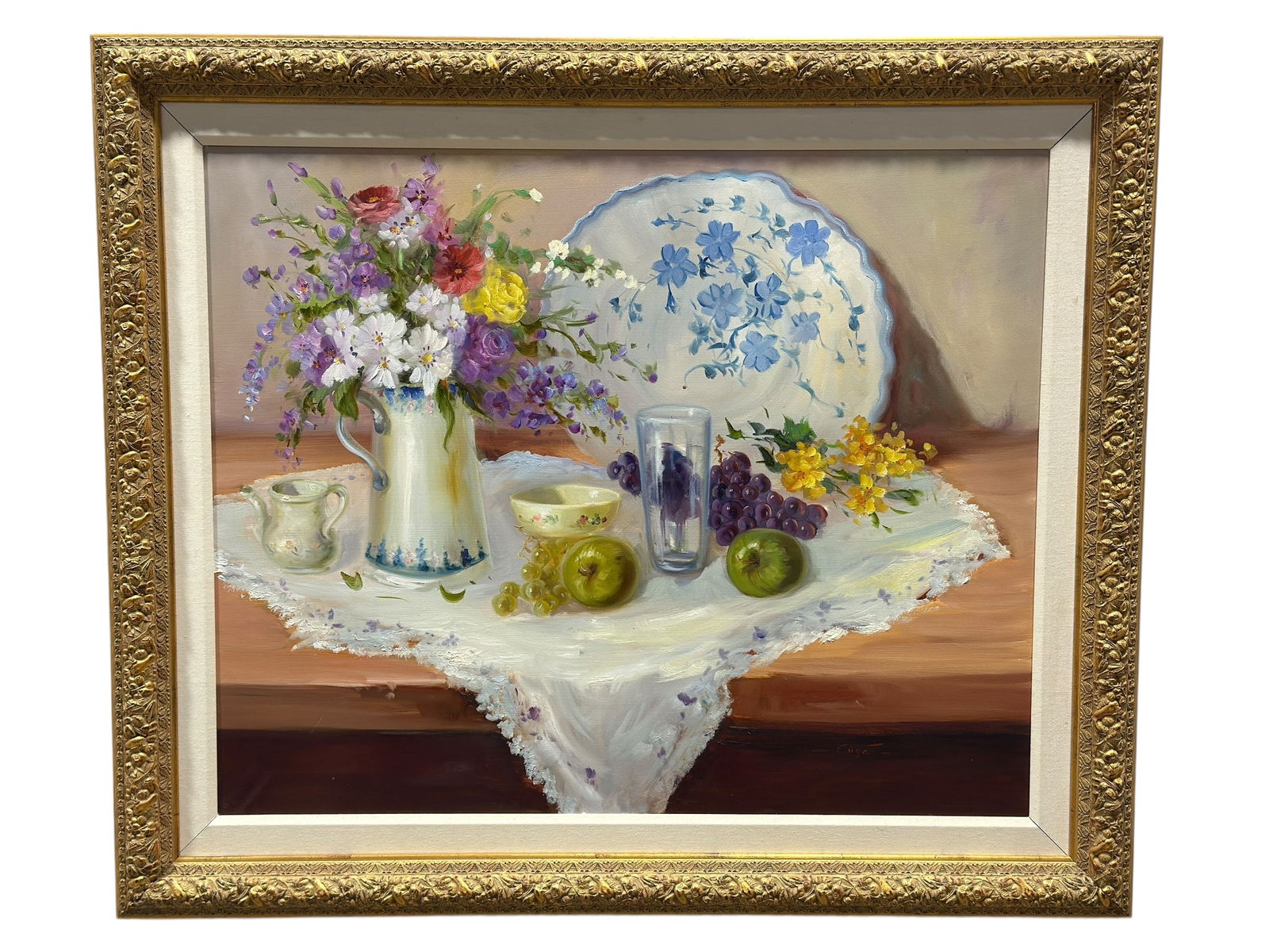 Signed Cugat Oil on Canvas "Still Life" Painting: Signed Cugat Oil on Canvas "Still Life" Painting. Signed near the bottom right corner. Painting measures 38.75" x 31.5". Frame measures 48.5" x 41.25". Frame has some very small chips on corners and b