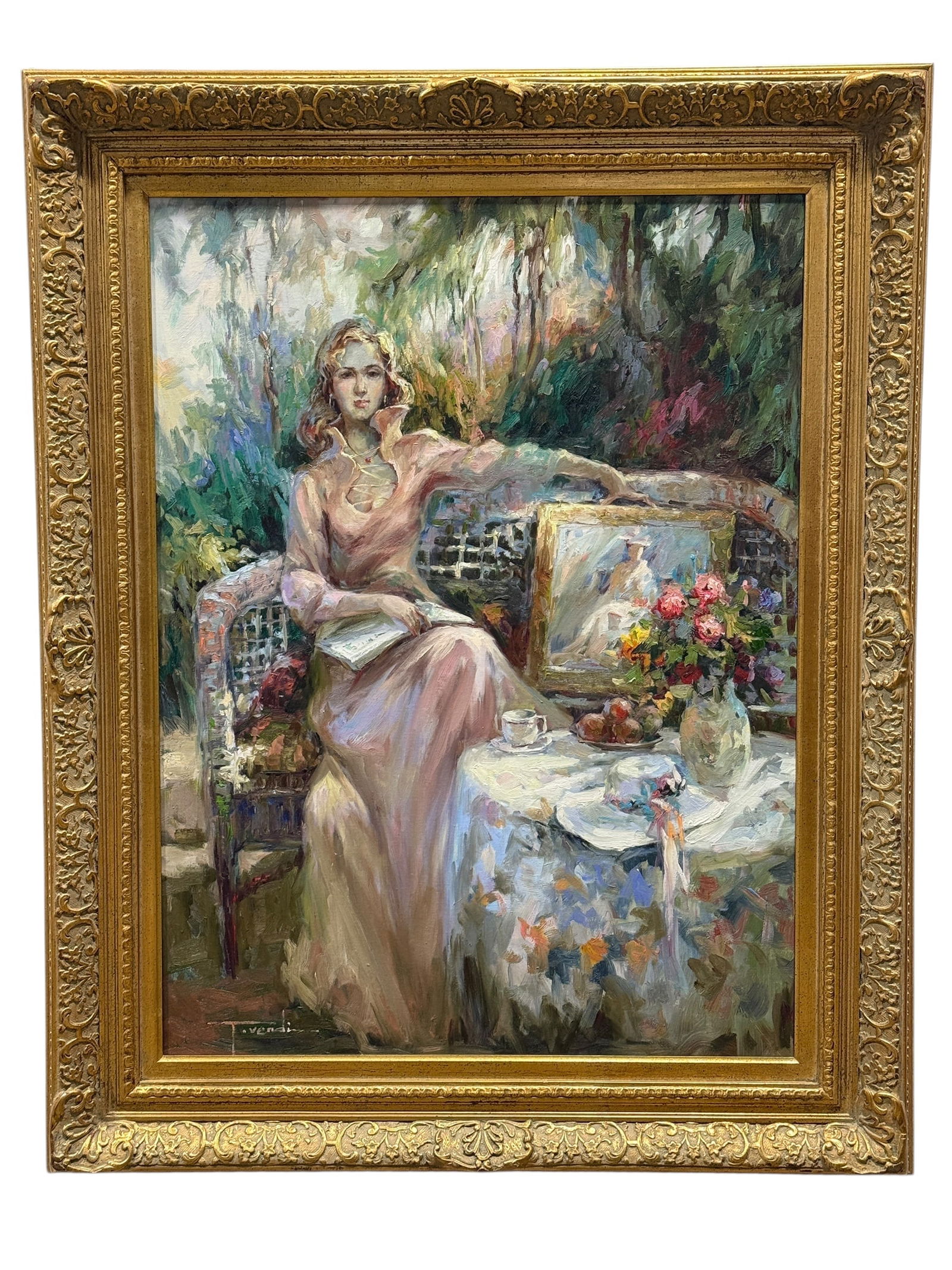 Signed T. Vendi Italian School Oil on Canvas Portrait of Woman at Table: Signed T. Vendi Italian School Oil on Canvas Portrait of Woman at Table. Signed by Taddo Vendi in the bottom left corner. Depicting woman sitting on a bench with a painting next to her and a table tha