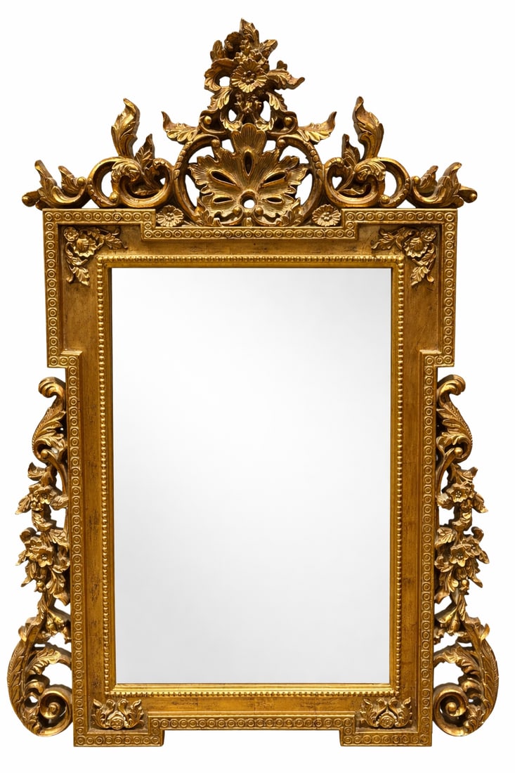 Large Composite Gold Gilt Ornate Baroque Style Mirror: Large Composite Gold Gilt Ornate Baroque Style Mirror. Measures 60.5" x 42.5". Has some light scuffs on frame.