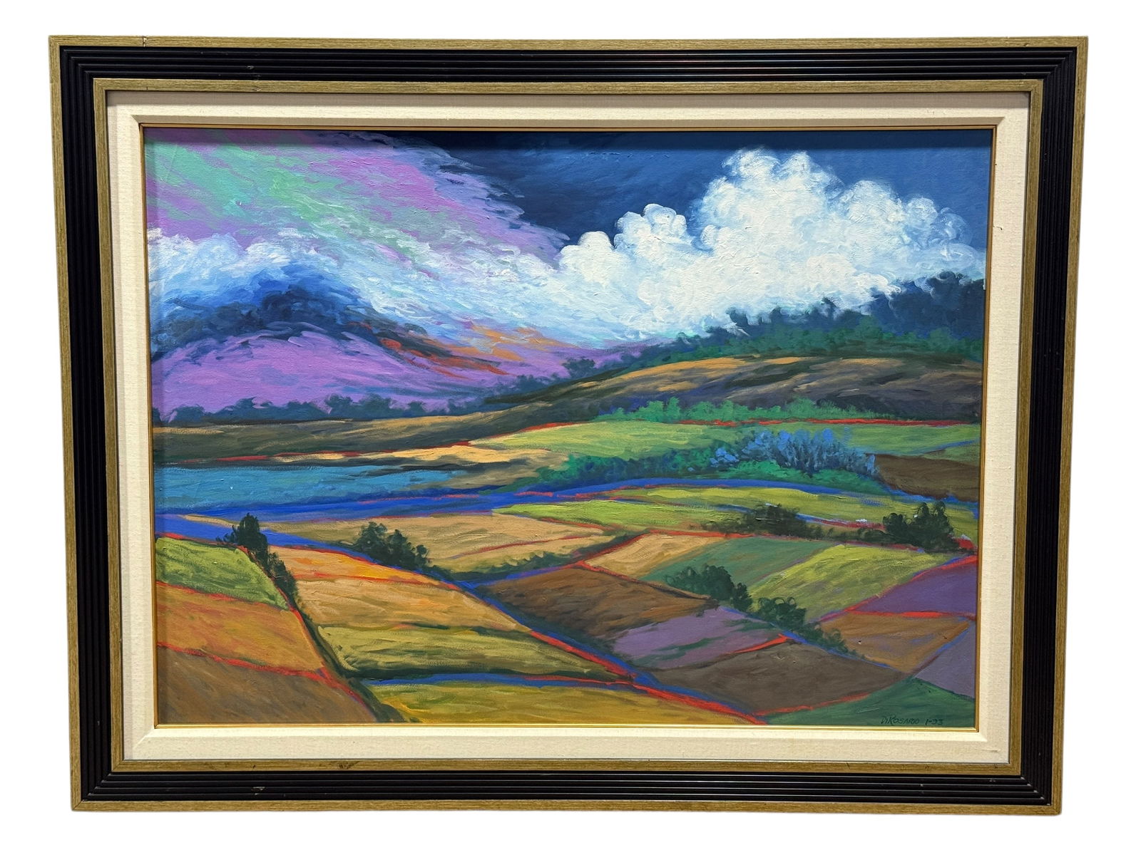 Signed DiRosairo Oil on Canvas Landscape Painting: Signed DiRosairo Oil on Canvas Landscape Painting. Signed in the bottom right corner of painting. Painting measures 39" x 28". Frame measures 47.25" x 36.5". Frame has some scuffs and scratches.