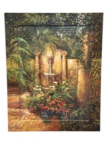 Signed L. Carson Oil on Canvas & Board Garden Fountain Painting