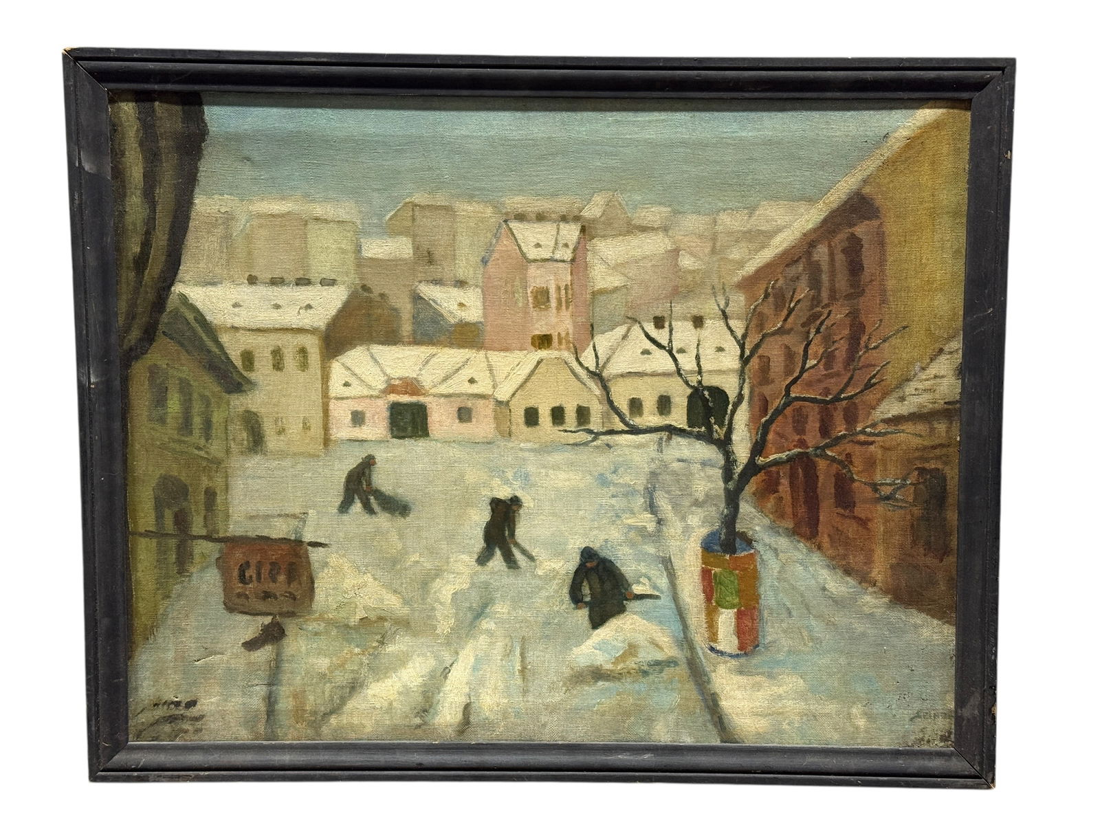 Signed Early 20th C. Oil on Canvas Snowy Village Painting: Signed Early 20th C. Oil on Canvas Snowy Village Painting. Signature Seems to read Spinel in the bottom right corner. Painting depicting a snowy village with 3 figures shoveling snow off the roads. Pa