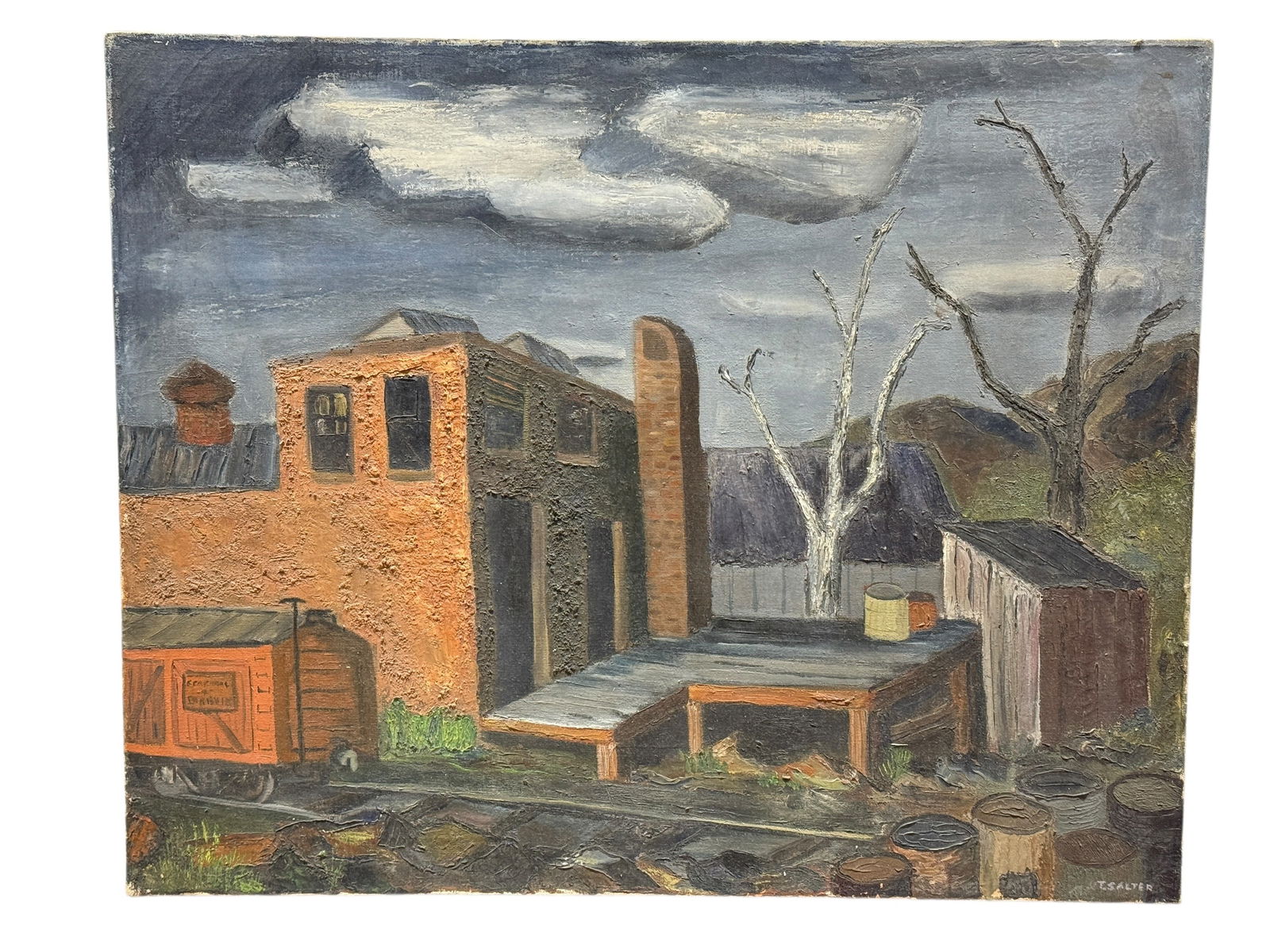 Signed T. Salter Oil on Canvas Industrial Scene Painting: Signed T. Salter Oil on Canvas Industrial Scene Painting. Thomas "Tom" Salter (America 1926-2008). A dedicated Atlanta-based artist and educator known for his work in painting, ceramics, and textiles,