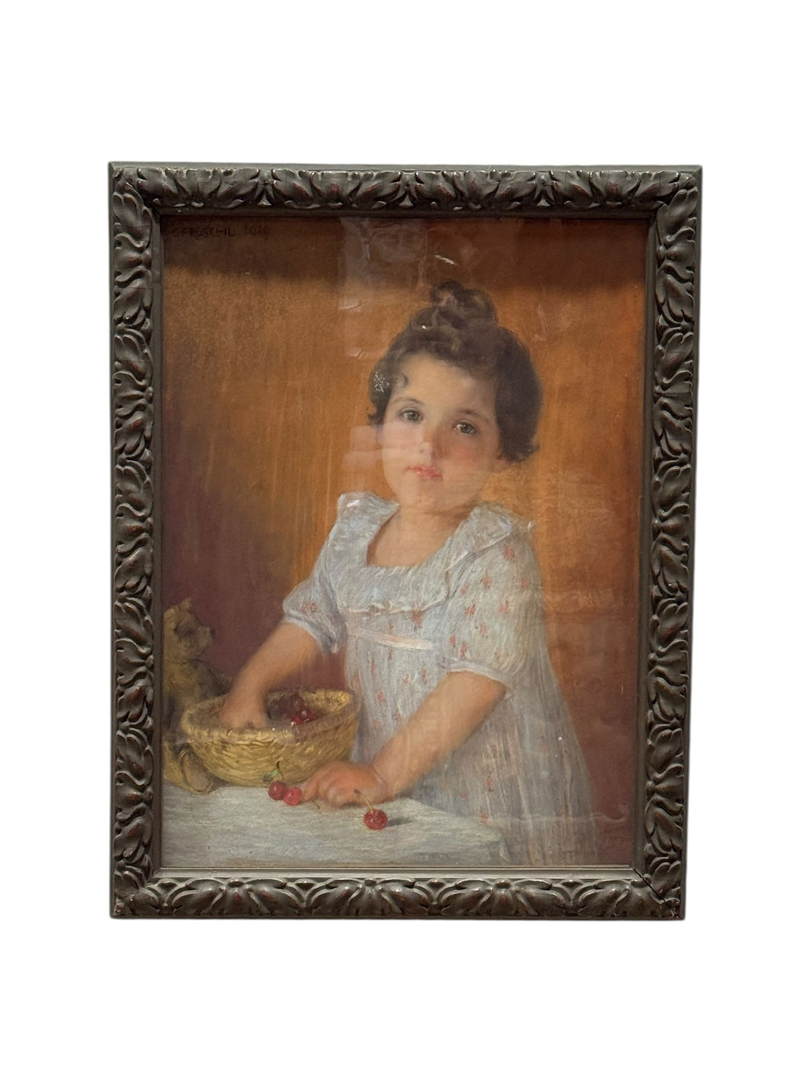 Signed Carl Froschl (Austria 1848-1934) Oil on Board Painting: Signed Carl Froschl (Austria 1848-1934) Oil on Board Painting. Painting depicting Girl w/ Teddy Bear & bowl of Grapes. Signed in the top left corner and marked 1929. Sight measures 25.25" x 18.5". Fra