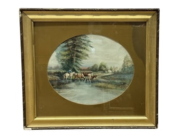 Signed M. Muir "Cattle & Horse" Watercolor Painting