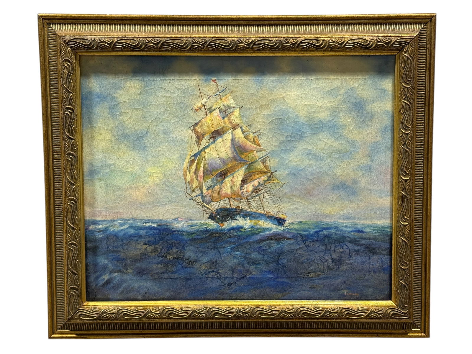 Signed J. Wohrley Oil on Canvas "Clipper Ship at Sea" Painting: Signed J. Wohrley Oil on Canvas "Clipper Ship at Sea" Painting. Circa 1920. Signed in the bottom right corner. Painting measures 19.25" x 15.25". Frame measures 24.25" x 20.25". Frame has some scuffs