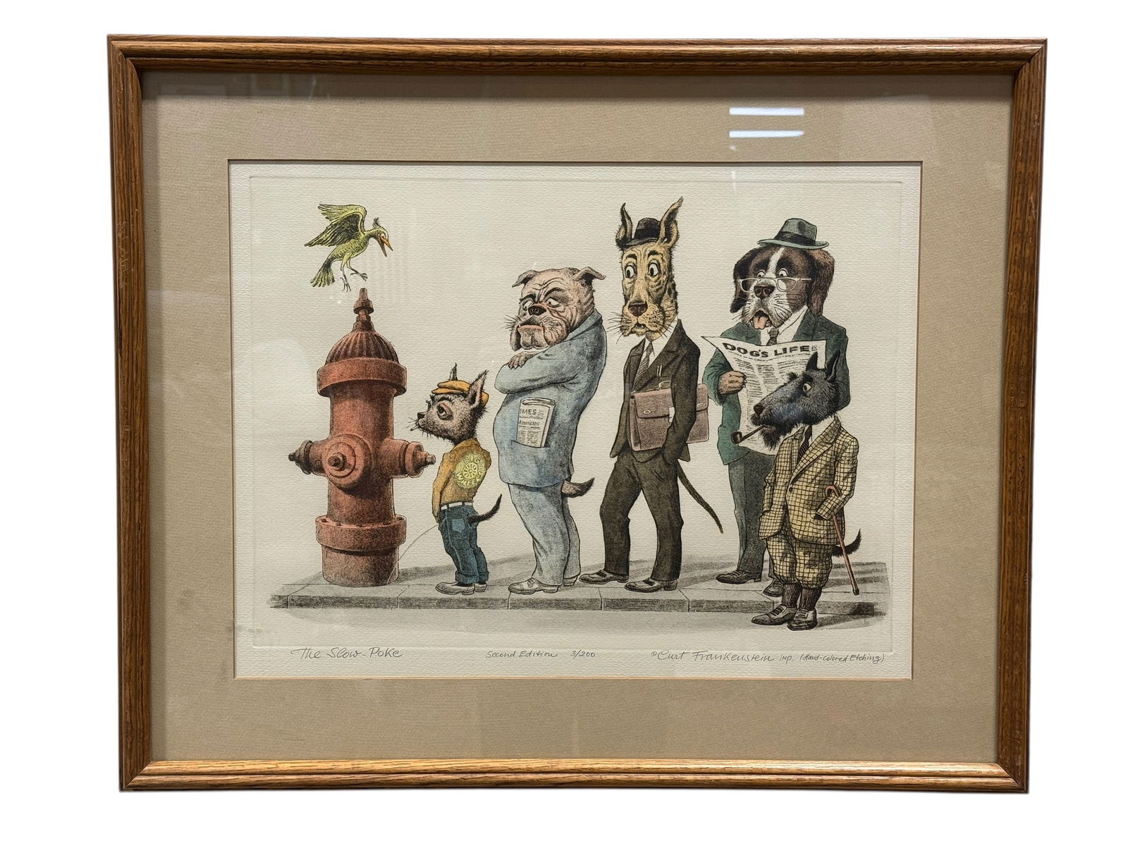 Signed Curt Frankenstein "The Slow Poke" Hand-Colored Etching: Signed Curt Frankenstein "The Slow Poke" Hand-Colored Etching. Pencil Signed "Carl Frankenstein (Hand Colored Etching), Second edition numbered 3 of 200". Etching measures 19" x 14.25". Frame measures