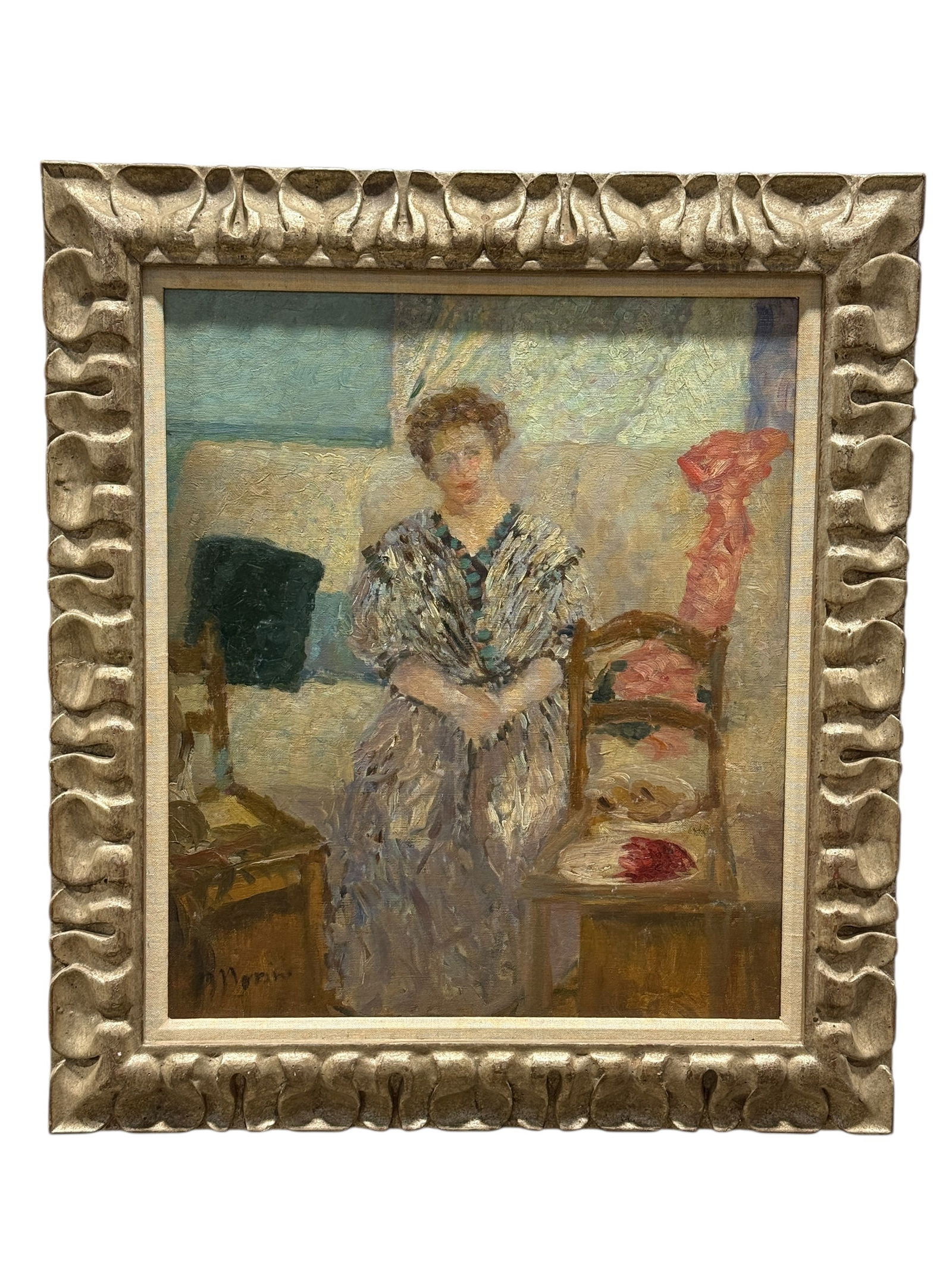 Signed Oil on Canvas Painting of Lady: Signed Oil on Canvas Painting of Lady. Signature seems to read Morin in the bottom left corner. Provenance: Bass Museum, Miami Brach, Fl (on the verso). Painting measures 19" x 16". Frame measures 25"