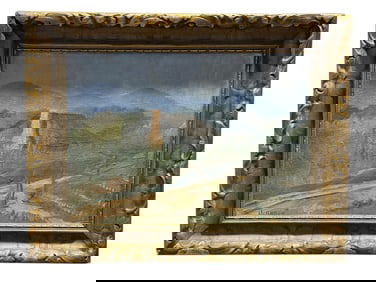 Signed American Arts & Crafts Cabin Scene Painting on Board