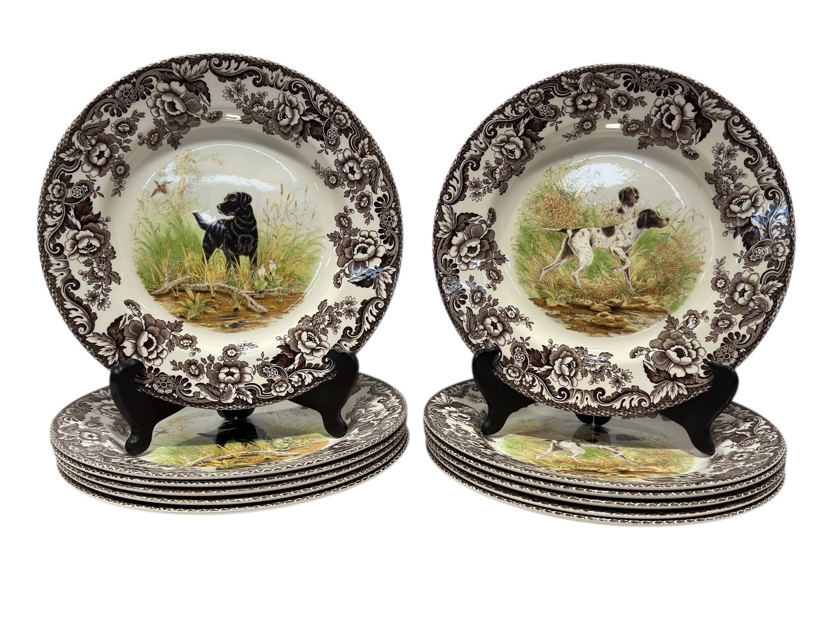 Set of 12 English Spode Woodland Hunting Dogs Bowls: Set of 12 English Spode Woodland Hunting Dogs Bowls. 6 Flat Coat Pointer Dog Bowls & 6 Black Labrador Dog Bowls. Measures 10.75" Diameter. In good condition.