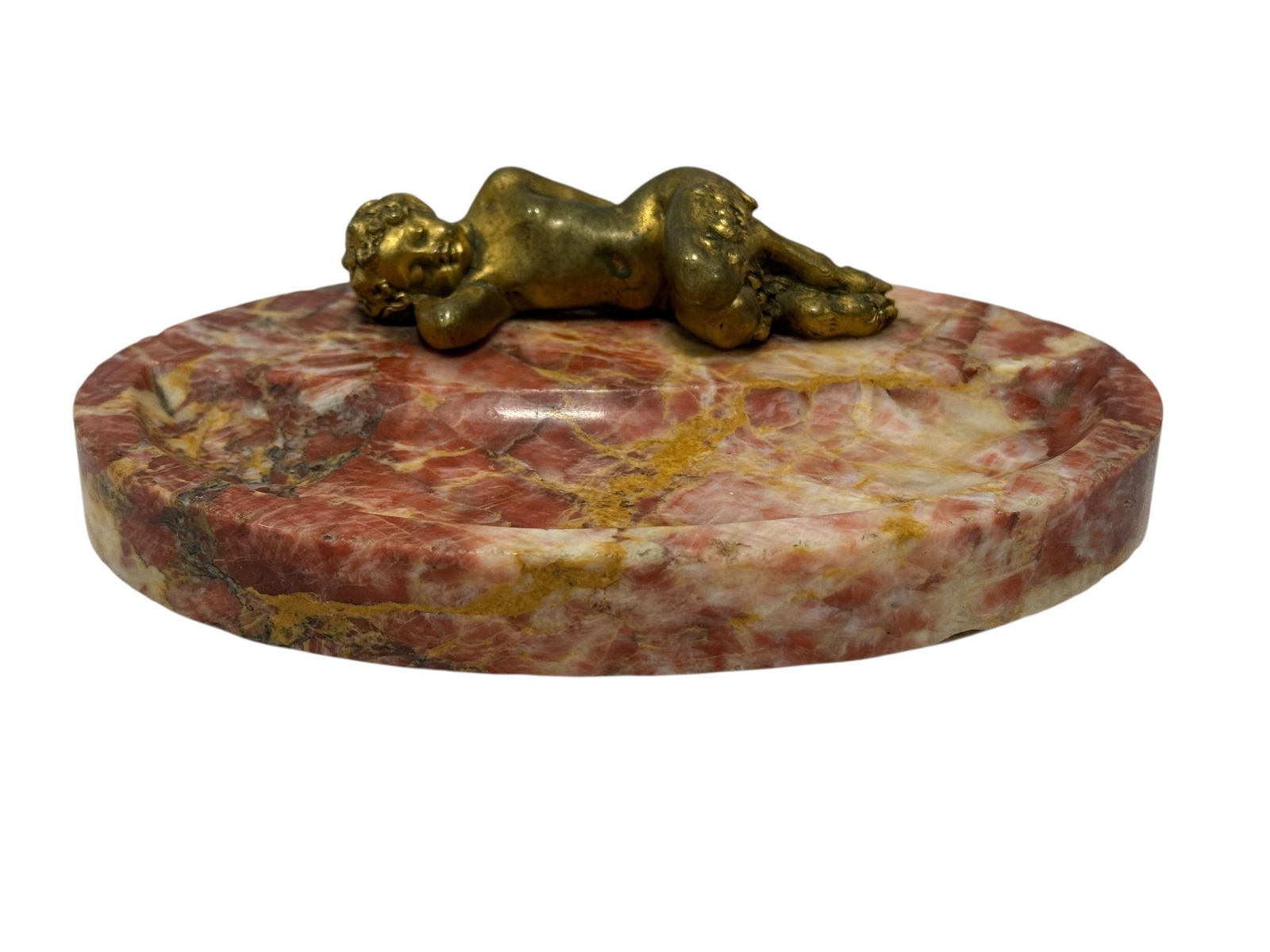 Signed Joe Descomps Gilt Bonze Figural & Marble French Dresser Tray: Signed Joe Descomps Gilt Bonze Figural & Marble French Dresser Tray. Measures 1.75" H x 7" W x 5" D. Has some scratches and small chips on marble.