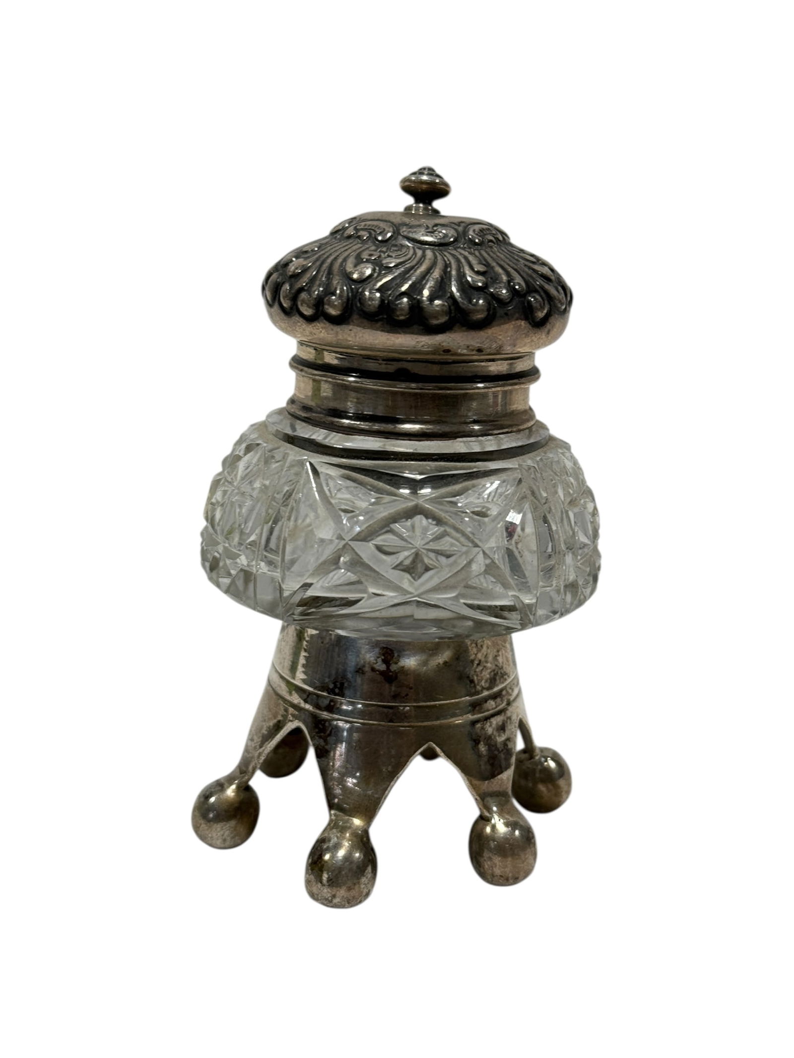 C.D. Peacock Co. Sterling & Crystal Inkwell: C.D. Peacock Co. Sterling & Crystal Inkwell. Marked on the rim of lid with hallmarks. Measures 4" Tall. Showing some tarnish.