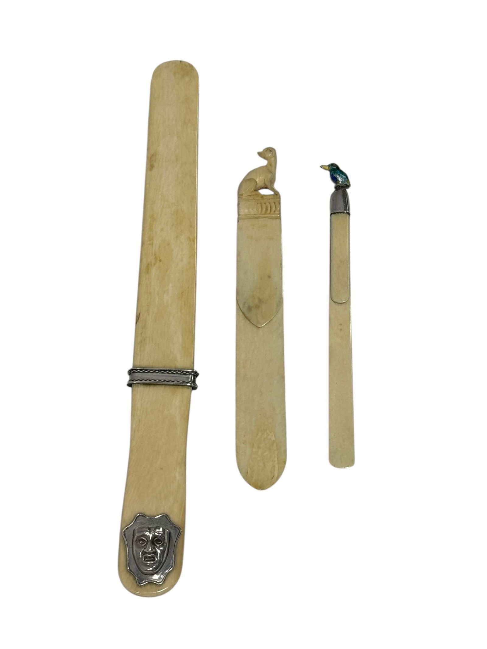 (3) Bone & Sterling Mounted Letter Openers/Page Turners: (3) Bone & Sterling Mounted Letter Openers/Page Turners. 2 sterling and bone letter openers and 1 bone letter opener. Measurements range from 4.75" - 8" Long. In used condition.