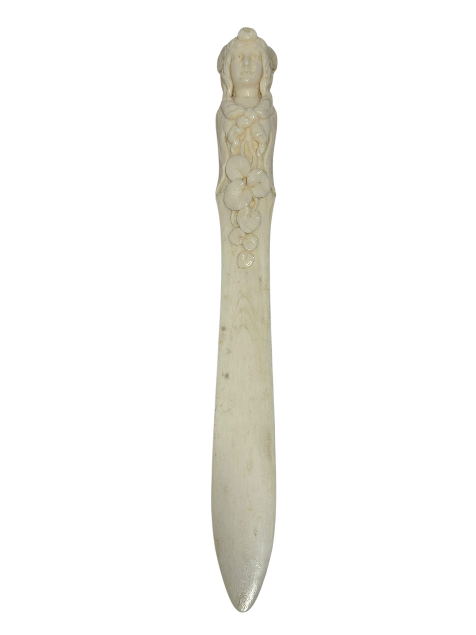 Fine Carved Bone Art Nouveau Page Turner: Fine Carved Bone Art Nouveau Page Turner. Measures 9.25" Long. In used condition.
