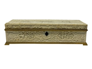 Fine Antique Nicholas Haydon NY Carved Bone Chinoiserie Box w/ Bronze Mounts