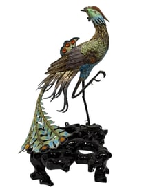Late 19th C. Chinese Gilt Silver & Enamel Peacock