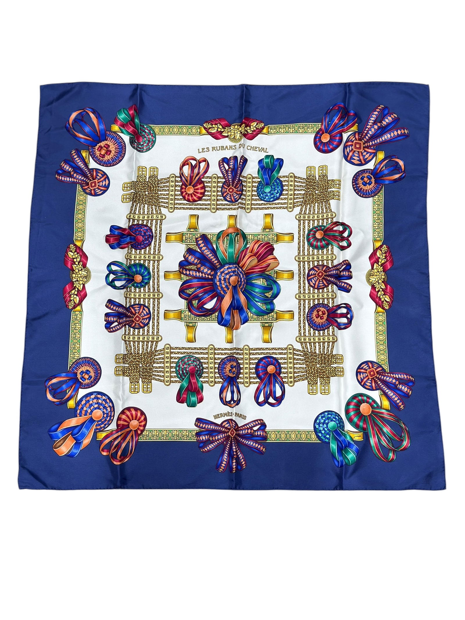 Hermes Carre 90 'Les Rubans du Cheval' Silk Scarf: Hermes Carre 90 'Les Rubans du Cheval' Silk Scarf by Joachim Metz. Measures 35" x 35". In good condition.