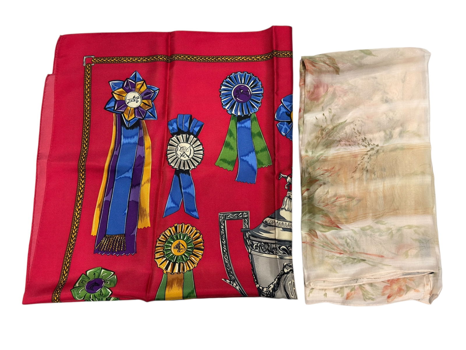 Mark Cross & Ralph Lauren Silk Scarfs: Mark Cross & Ralph Lauren Silk Scarfs. Marc Cross 'Horse Ribbons' Scarf measures 35" x 35". Ralph Lauren Scarf measures 34" x 34". Both in good condition.