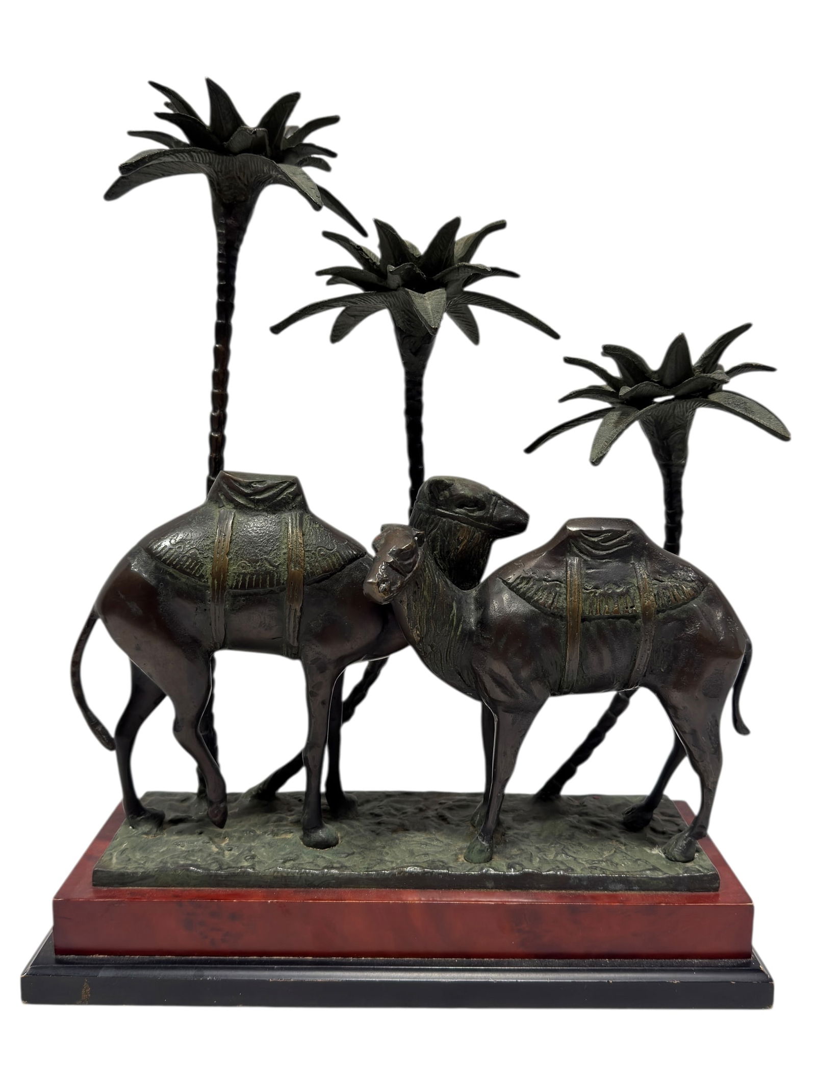 Bronze Camel & 3 Palm Tree Candle Holders: Bronze Camel & 3 Palm Tree Candle Holders. Measures 15.75" H x 13.5" W x 5.75" D. Wood base has scuffs and scratches.
