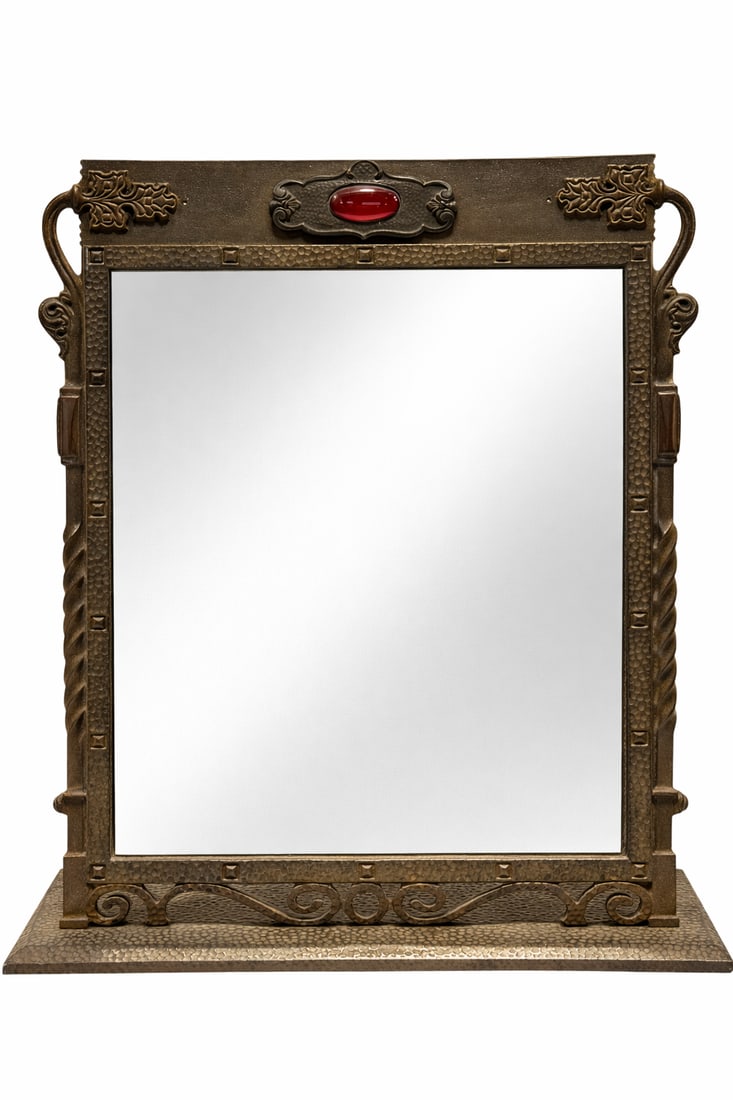 Moe Brothers MFG Co. Art Deco Wrought Iron Vanity Mirror: Moe Brothers MFG Co. Art Deco Wrought Iron Vanity Mirror. Signed on the underside. Measures 15.5" H x 14" W x 4.75" D. In good condition.