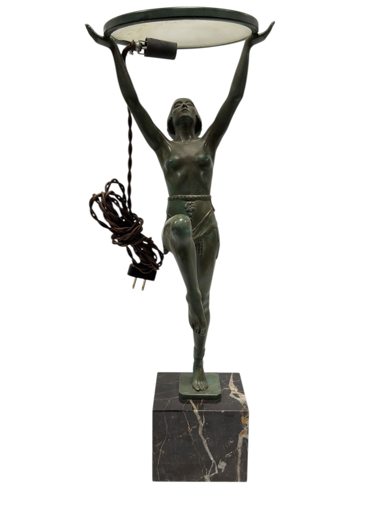 RARE Signed Max Le Verrier French Art Deco Bronze & Marble Lamp: RARE Signed Max Le Verrier French Art Deco Bronze & Marble Lamp. Louis Octave Maxime Le Verrier (France 1891-1973). Female figure standing on her toes with her arms raised, supporting the light source