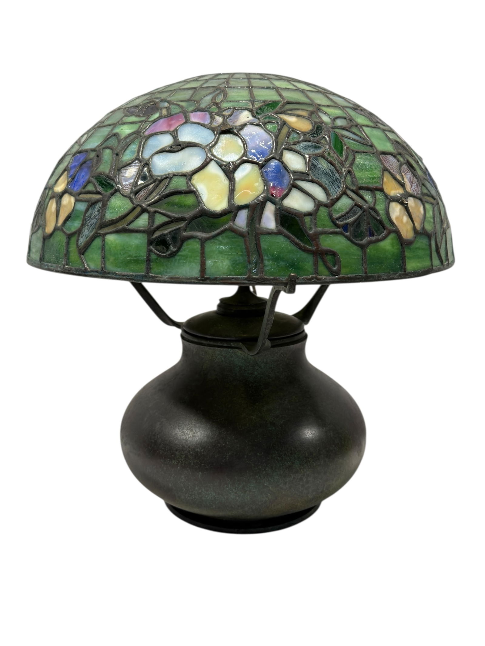 Signed Tiffany Studios Pansy Leaded Glass Lamp: Signed Tiffany Studios Pansy Leaded Glass Lamp. Lamp shade is marked "TIFFANY STUDIOS NEW YORK 1448" and under the center of lamp base when removed is marked with the TGDC (Tiffany Glass & Decorative