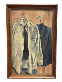 Signed Geo Taylor '58 Oil on Board "Clothes on Hangers" Painting