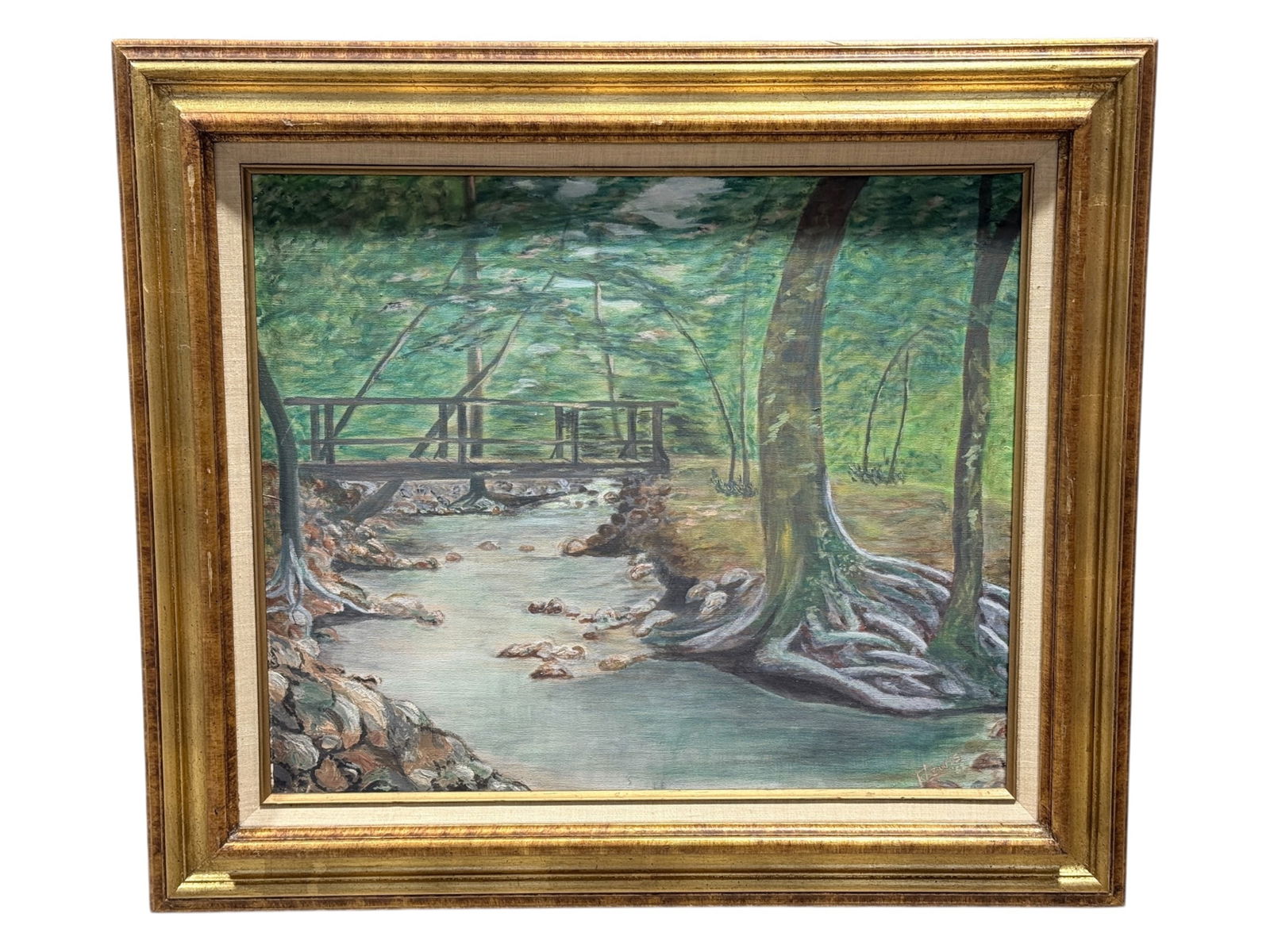 Signed F. Lewis Oil on Canvas Landscape & River Scene Painting: Signed F. Lewis Oil on Canvas Landscape & River Scene Painting. Signed in the bottom right corner. Painting measures 32.5" x 19.5". Frame measures 31.25" x 27.25". Frame has some light scuffs.
