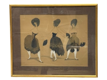 Signed "3 Girls Dancing" Watercolor, Framed N.Y.C.