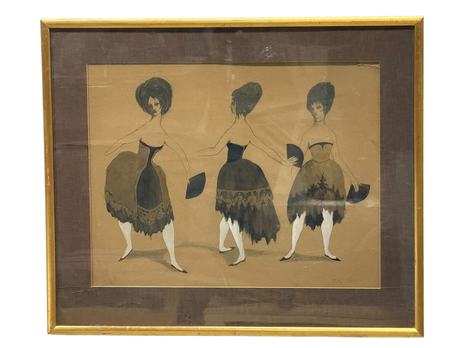 Signed "3 Girls Dancing" Watercolor, Framed N.Y.C.: Signed "3 Girls Dancing" Watercolor, Framed N.Y.C. Signature seems to read Philip Parsons. Sight measures 23.75" x 18.5". Frame measures 31.25" x 26.25". Frame has some scuffs and chips to gilt.