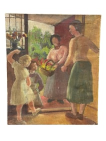 Signed Arts & Crafts Oil on Canvas "Lady w/ Flowers at Door" Painting