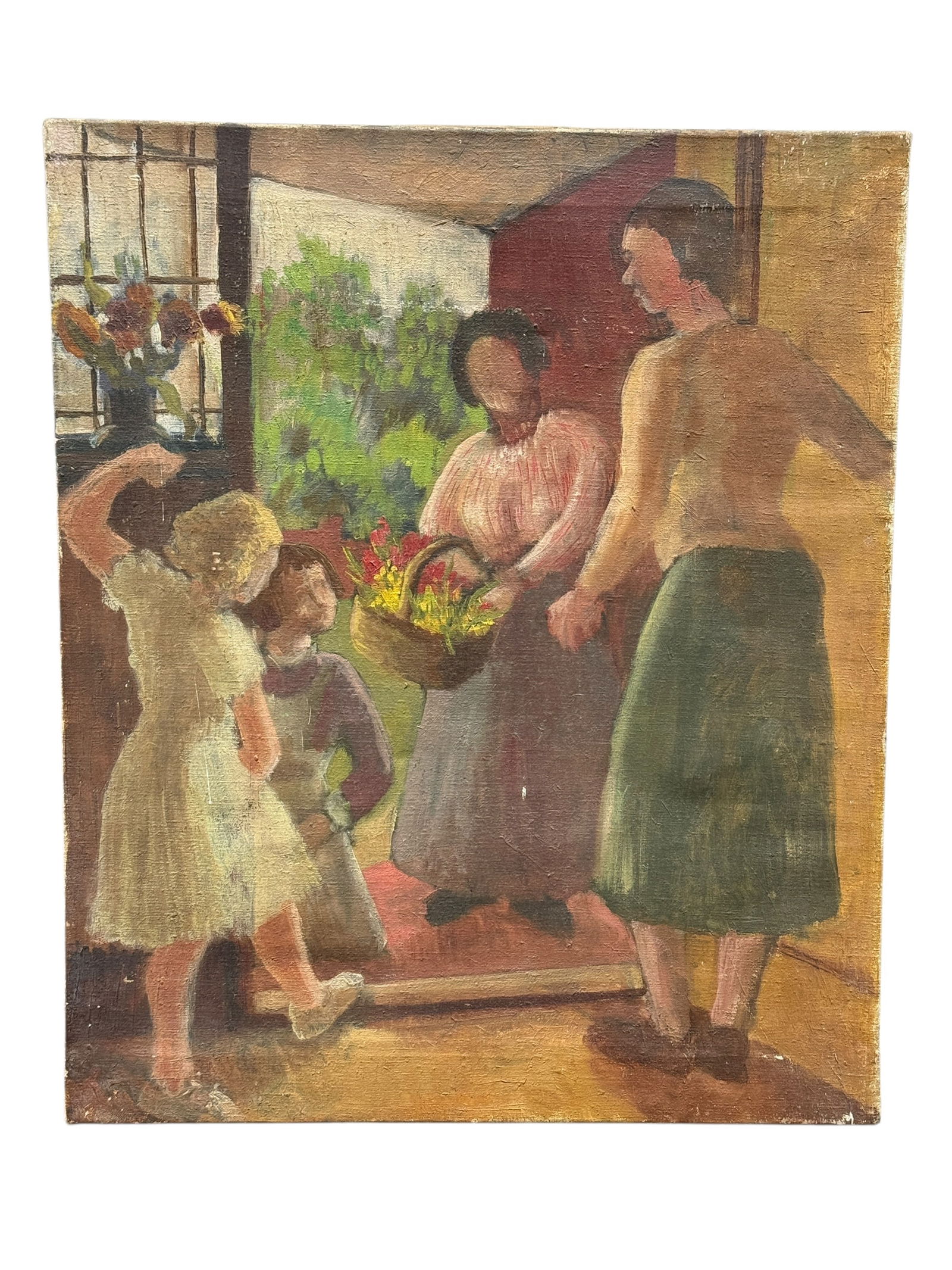 Signed Arts & Crafts Oil on Canvas "Lady w/ Flowers at Door" Painting: Signed Arts & Crafts Oil on Canvas "Lady w/ Flowers at Door" Painting. Signed H. Wheatley twice on the verso of painting. No Frame. Measures 24" x 20". Has some scuffs and small chipping to paint near