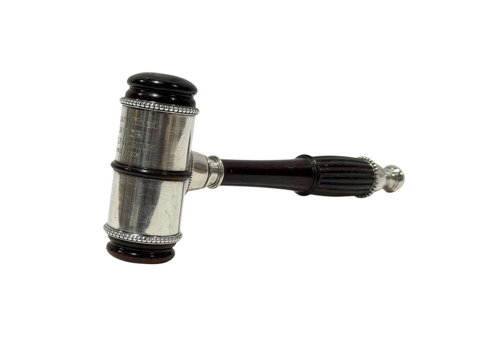 C. 1918 Gorham Sterling & Rosewood Mayor of N.Y.C. Gavel: C. 1918 Gorham Sterling & Rosewood Mayor of N.Y.C. Gavel. Engraved "Edward Reed Mayor Glens Falls, N.Y.C. April 1st, 1918" and marked sterling 2025 with hallmarks. Measures 9" Long. Has some scratches