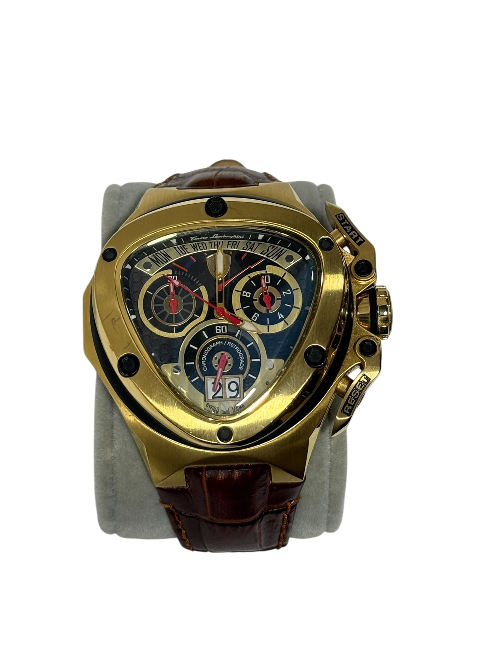 Tonino Lamborghini Spyder Quartz Black Dial Men's Watch: Tonino Lamborghini Spyder Quartz Black Dial Men's Watch. Model #SW3011, Ronda 8040.N Engine, Quartz Movement, Swiss Made, Chronograph, Brown Genuine Leather Strap, Triangle Solid Stainless Steel Case,