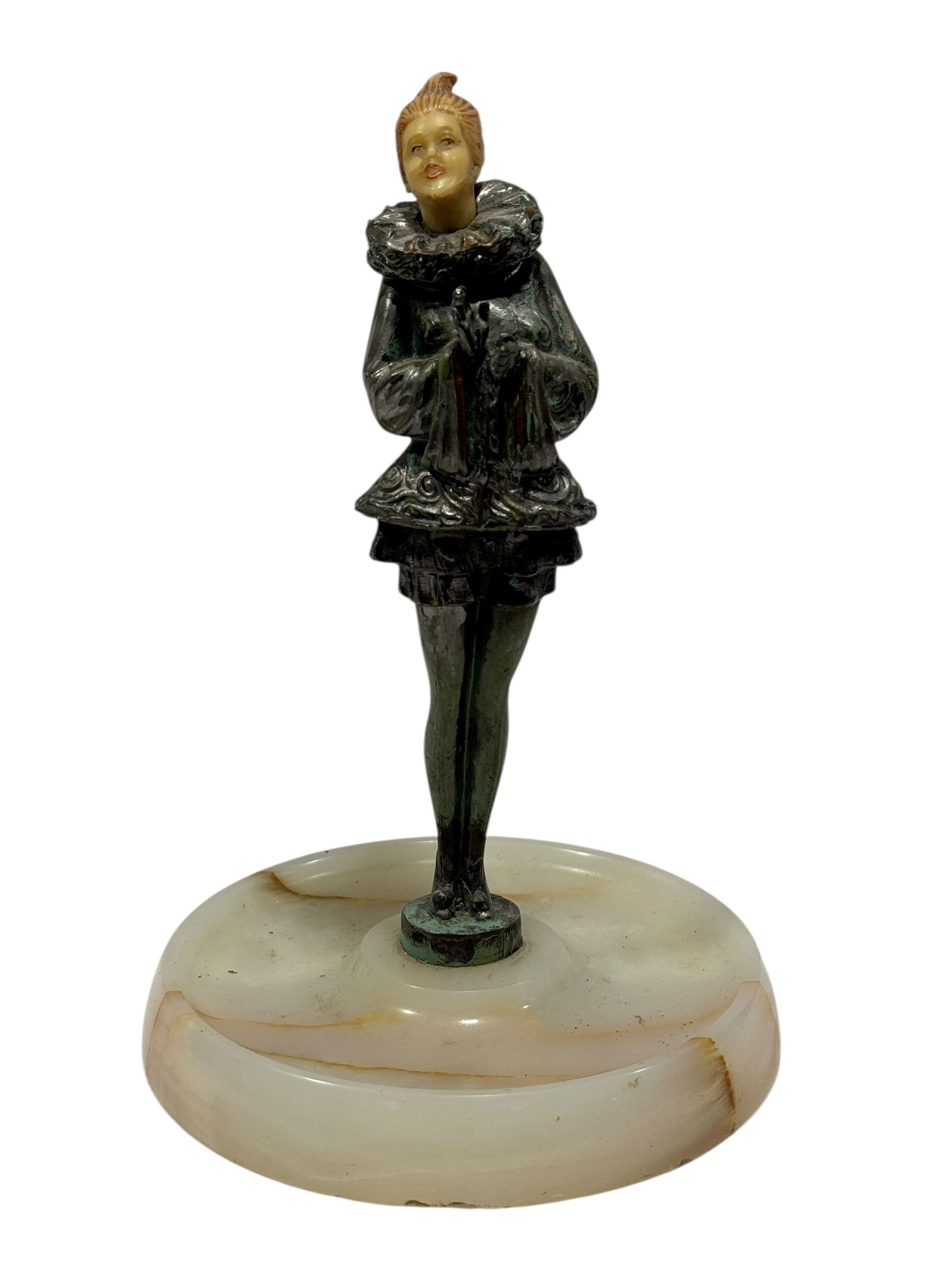 Painted Metal Art Deco Figural Onyx Tray: Painted Metal Art Deco Figural Onyx Tray. Measures 8.5" H x 6" Diameter. Figure has scuffs to paint and base has some chips on bottom edge.